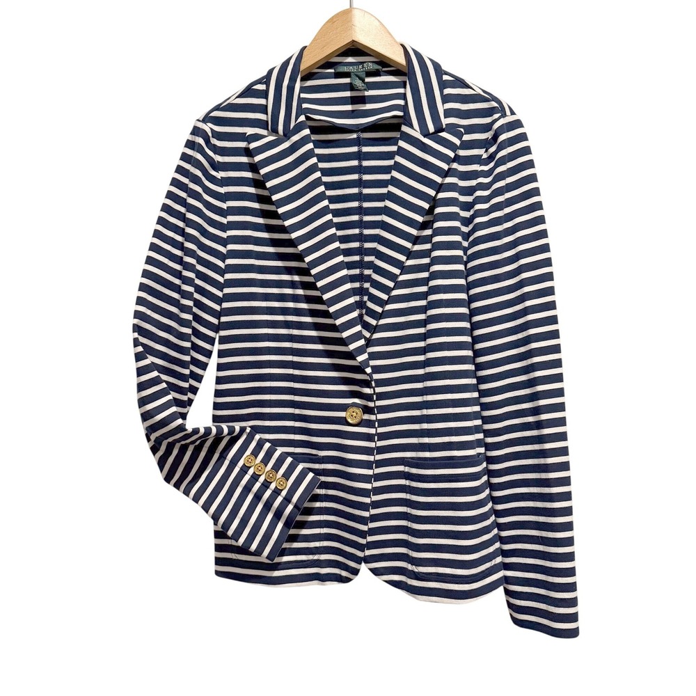 Lauren Ralph Lauren Striped Blazer Womens L Navy White Jacket Preppy Nautical